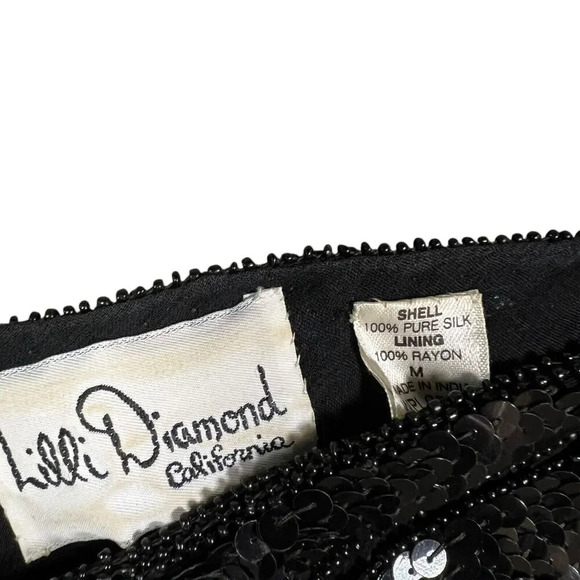 Vintage Lilli Diamond Black Sequin V Neck Silk Blouse Short Sleeve Size Medium - Picture 2 of 8